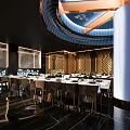 Modern Luxury Club Interior With Bar Counter Wine Racks Seats Lighting Screens And Water Feature