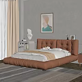 Background Double Bed With Brown Leather Upholstered Headboard In Modern Bedroom Decorative Painting Natural Light