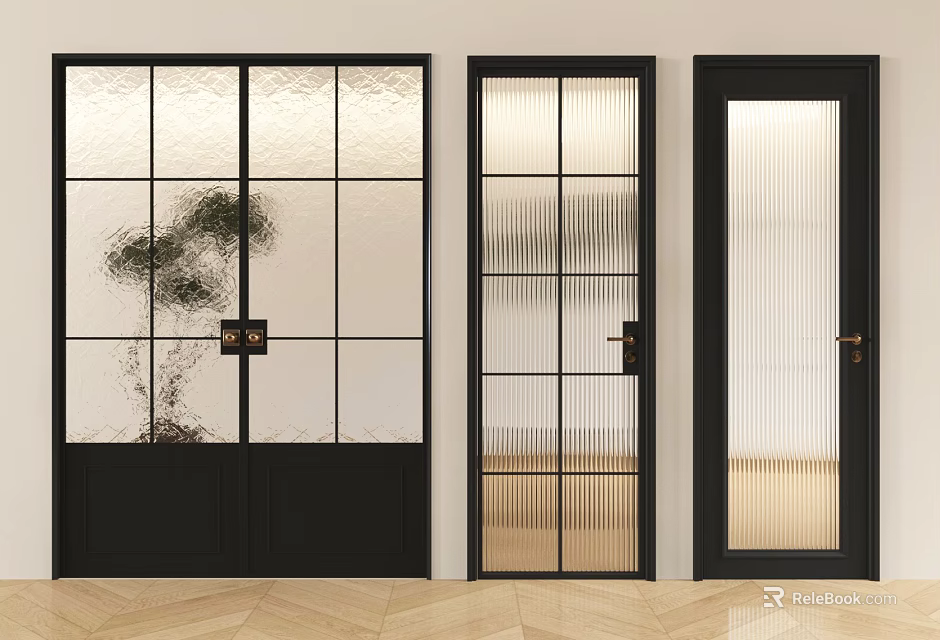 Interior Glass Doors With Black Frames And Different Glass Patterns For Home Design 3d model