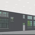 Modern Industrial Factory Building Featuring Multi Story Glass Windows Green Lawn Trees And Blue Sky