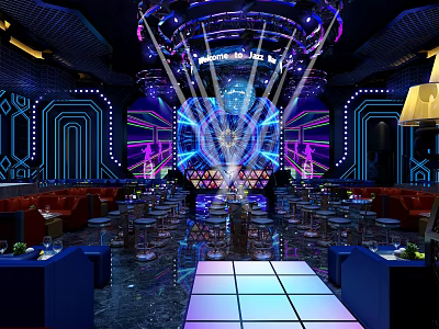 Modern Bar Interior Design With Neon Lights Stage Seating And Lighting Effects 3d model