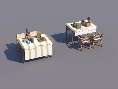 Two Outdoor Tables With Striped Tablecloths Chairs And Decorative Items 3d model