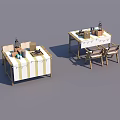 Two Outdoor Tables With Striped Tablecloths Chairs And Decorative Items 3d model