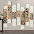 Chinese Calligraphy and Landscape Painting Photo Wall with Vertical Frames and Potted Plant on Stand