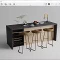 Modern Kitchen Bar Counter With Golden Faucet Sink And Three Wooden Stools