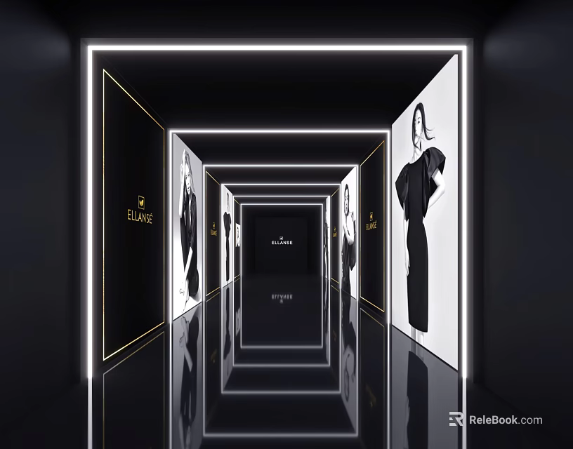 Modern Elevator Hallway Design With LED Lighting Mirror Walls And Fashion Posters 3d model 