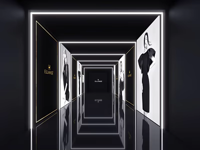 Modern Elevator Hallway Design With LED Lighting Mirror Walls And Fashion Posters 3d model