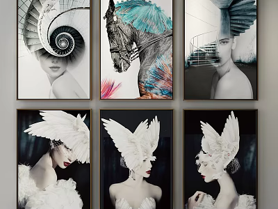 Artistic Portrait Paintings With Spiral Horse Staircase And Feather Decorations 3d model