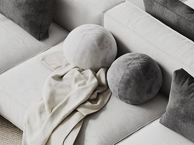 Light Colored Sectional Sofa With Round Gray Cushions And Soft Blanket 3d model