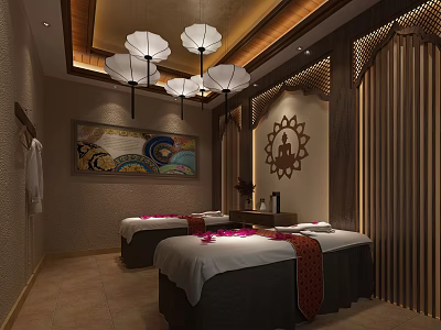 SPA Sauna Room With Massage Beds Pink Petals Lotus Symbol Decorative Painting And Lantern Lights 3d model