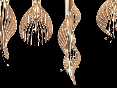 Feather Shaped Hanging Decor With Curved Wooden Structure And Small Beads 3d model