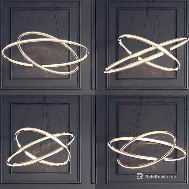 Modern Ring Design Chandeliers with Circular Metallic Structure Against Dark Wall Background 3d model 