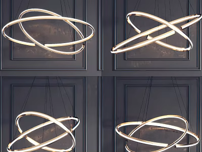 Modern Ring Design Chandeliers with Circular Metallic Structure Against Dark Wall Background 3d model