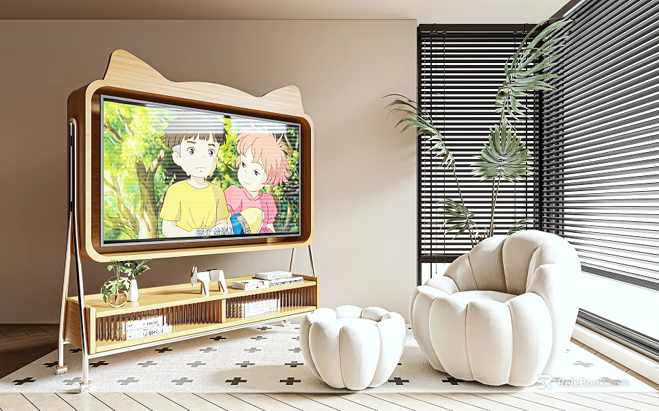Cute Wooden TV Stand With Cat Ear Design TV Storage Shelves Living Room Plants Armchair 3d model 