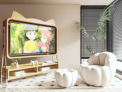 Cute Wooden TV Stand With Cat Ear Design TV Storage Shelves Living Room Plants Armchair 3d model