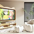 Cute Wooden TV Stand With Cat Ear Design TV Storage Shelves Living Room Plants Armchair