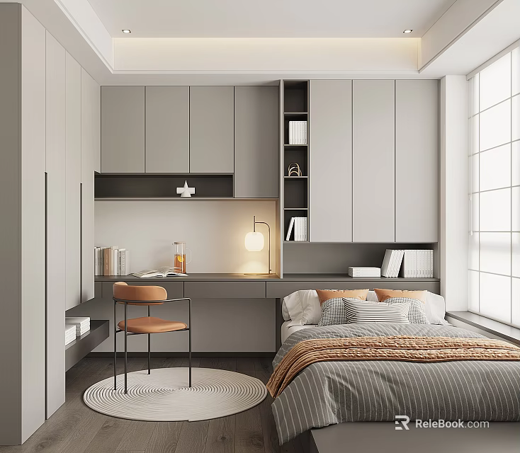 Modern Minimalist Tatami Bedroom Interior Design With Gray Cabinets Desk And Chair 3d model 