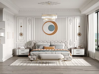 Elegant Classic Bedroom Interior Design With White Paneled Walls Crystal Chandelier And Round Mirror 3d model