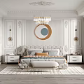 Elegant Classic Bedroom Interior Design With White Paneled Walls Crystal Chandelier And Round Mirror