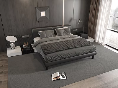 Modern Bedroom Interior With Black Double Bed Gray Quilt Pillows Wooden Wall And Carpet 3d model