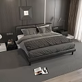 Modern Bedroom Interior With Black Double Bed Gray Quilt Pillows Wooden Wall And Carpet