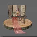 Traditional Chinese Photo Check-in Spot With Floral Screen Round Wooden Platform And Red Character Ribbon
