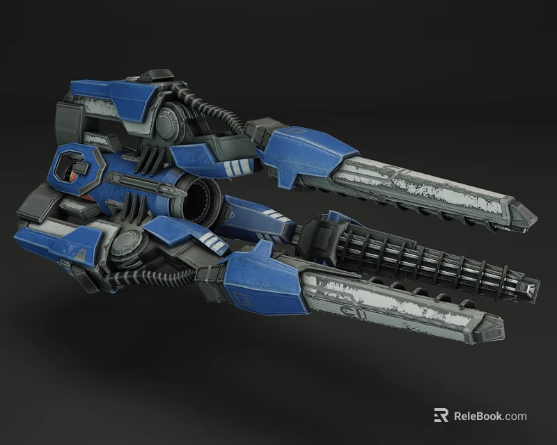 Blue Sci Fi Mechanical Weapon With Multiple Barrels And Detailed Machinery 3d model
