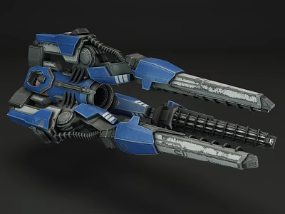 Blue Sci Fi Mechanical Weapon With Multiple Barrels And Detailed Machinery 3d model
