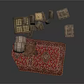 Vintage Household Items Including Red Patterned Rug Wooden Crates Barrel And Birdcage