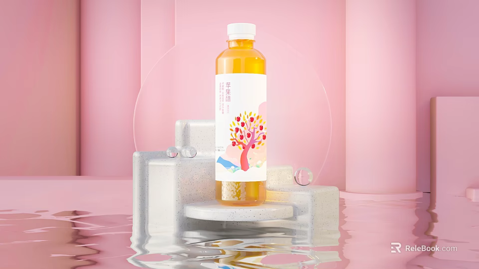 Beverage Bottle With Tree Pattern Label On White Platform Pink Background Water Reflection And Bubbles 3d model 