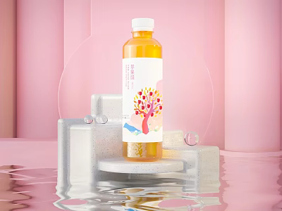 Beverage Bottle With Tree Pattern Label On White Platform Pink Background Water Reflection And Bubbles 3d model