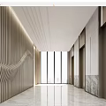 Modern Elevator Corridor Design With Wooden Panel Walls And Floor To Ceiling Windows 3d model