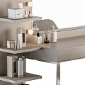 Modern Dressing Table With Light Bulb Mirror and Side Shelves Holding Cosmetics and Two Chairs