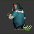 Cartoon Parrot With Blue Feathers Red Hat And White Scarf Holding Axe On Green Grass