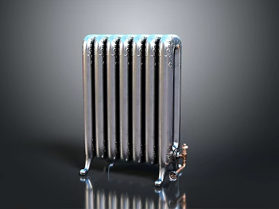 Silver Metal Radiator With Classic Fin Design And Stable Stands For Home Use 3d model