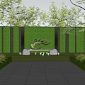 Bonsai Plant In Outdoor Space With Green Hedge Backdrop And Stone Seats On Lawn