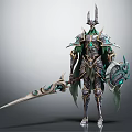 Elaborate Fantasy Armored Warrior Character with Green Gold Armor Sword and Shield