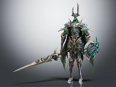 Elaborate Fantasy Armored Warrior Character with Green Gold Armor Sword and Shield 3d model