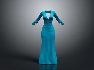 Elegant Blue Long Dress With V Neck Long Sleeves And Fitted Design 3d model