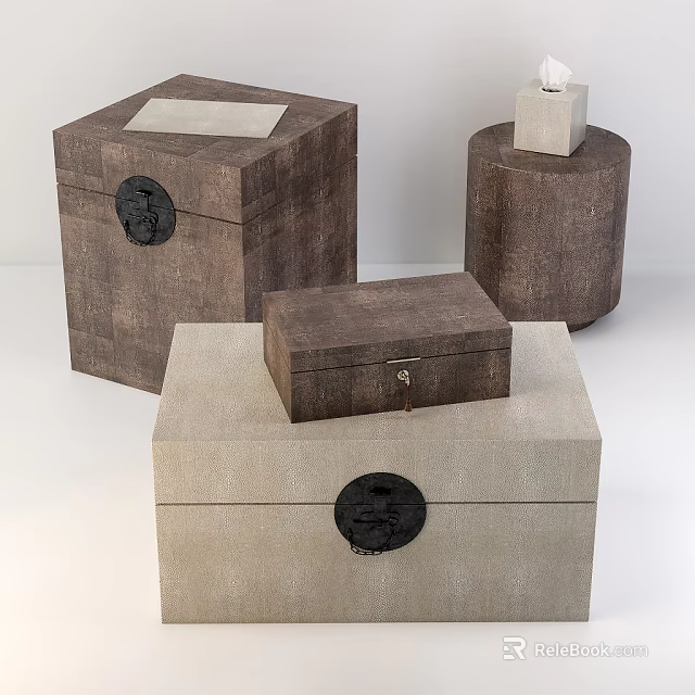 Assorted Shaped Decorative Boxes With Wooden Texture And Ornate Locks 3d model 
