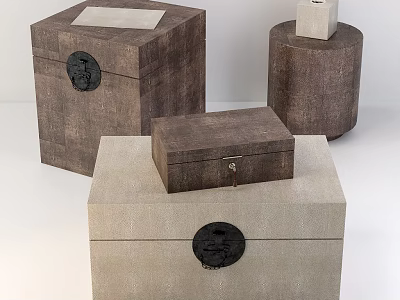 Assorted Shaped Decorative Boxes With Wooden Texture And Ornate Locks 3d model