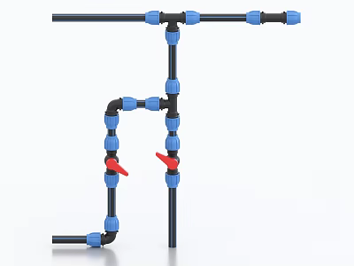 Industrial Pipe System With Blue Connectors And Red Valves 3d model