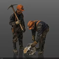 Miners Wearing Orange Hard Hats With Pickaxe Handling Rock In Work Clothes