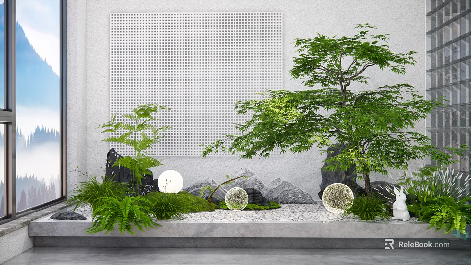 Japanese Style Courtyard Garden With Perforated Wall Green Plants Round Lanterns And Stone Ornaments 3d model 