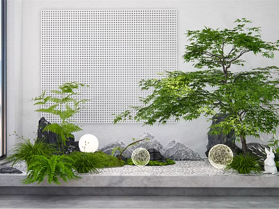 Japanese Style Courtyard Garden With Perforated Wall Green Plants Round Lanterns And Stone Ornaments 3d model