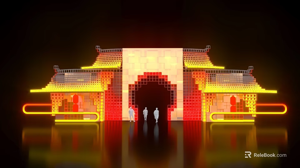 Traditional Chinese Architectural Facade With Illuminated Archway And Red Bricks 3d model 