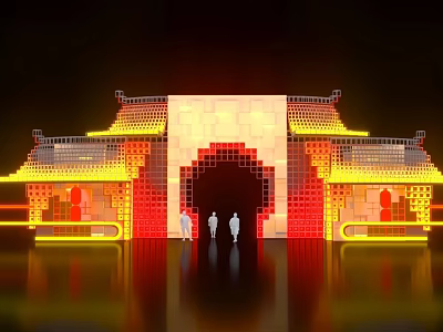 Traditional Chinese Architectural Facade With Illuminated Archway And Red Bricks 3d model