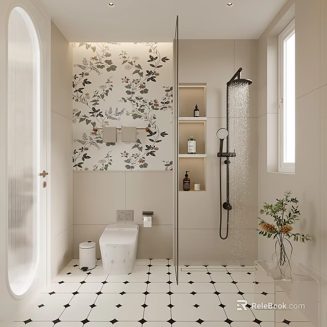 Modern Bathroom Interior Featuring Floral Wall Toilet Shower Niche And Black White Floor Tiles 3d model 