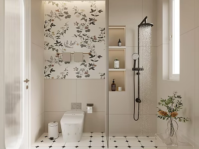 Modern Bathroom Interior Featuring Floral Wall Toilet Shower Niche And Black White Floor Tiles 3d model