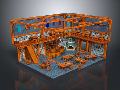 Medieval Tavern Interior With Wooden Structure Stone Walls Tables Fireplace And Tapestries 3d model